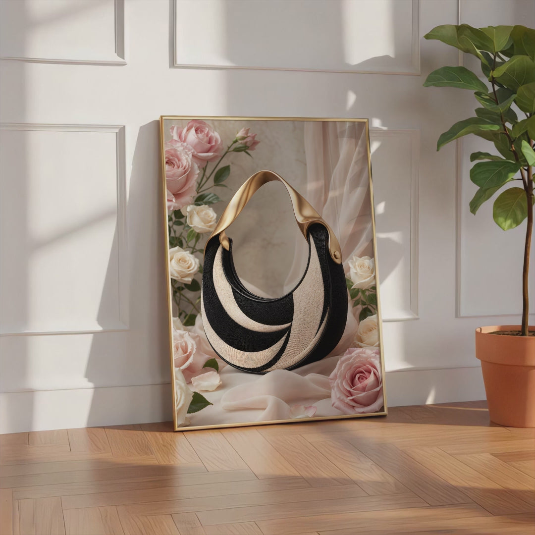 Videoansicht des gerahmten Posters mit einer schwarz-weißen Handtasche in Tweedoptik mit goldenem Henkel zwischen Rosen.
