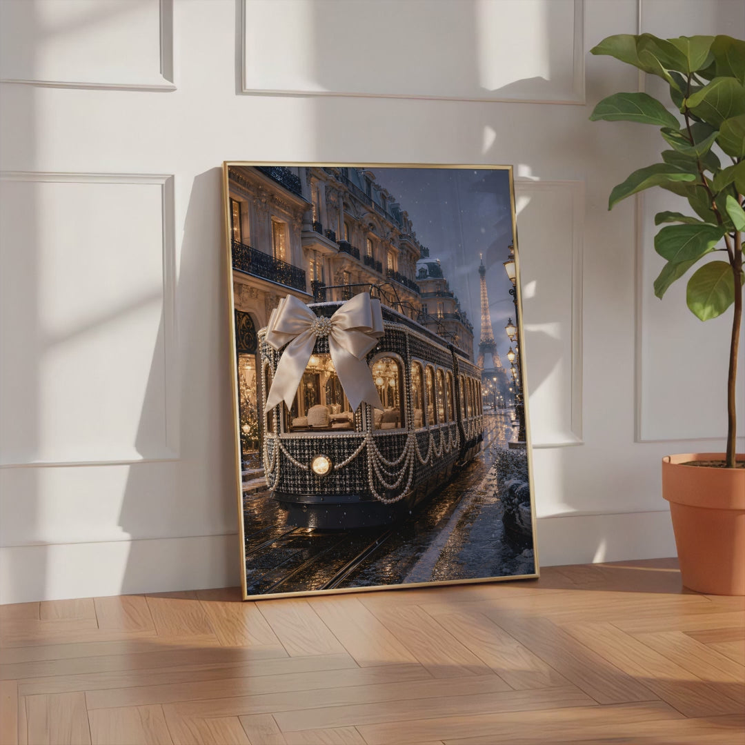 Videoansicht des gerahmten Posters mit dunkler Pariser Straßenbahn mit großer Satinschleife und Perlenketten im Abendlicht.
