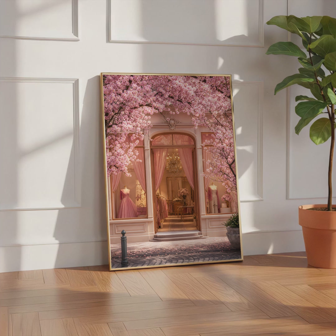 Videoansicht des gerahmten Posters mit einer rosafarbenen Boutique unter blühenden Kirschzweigen.