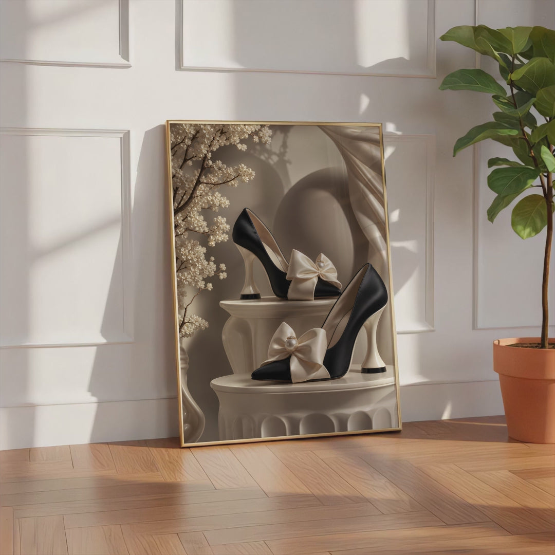 Videoansicht des gerahmten Posters mit einem Paar schwarzer Pumps mit cremefarbenen Satinschleifen und Perlen.