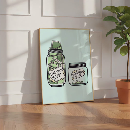 Sneaker Money Glas Illustration Poster · Geschenkidee · Lustiges Spar Design · Streetwear Humor Kunst · Moderne Wanddeko · Print ohne Rahmen