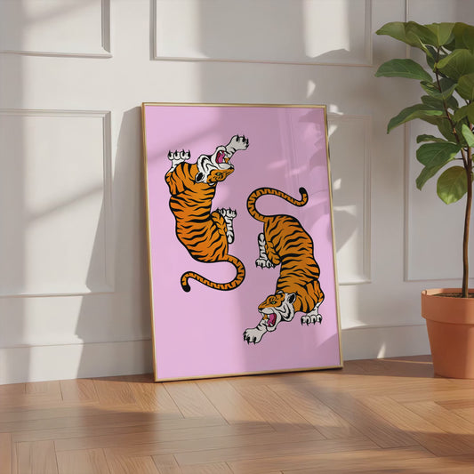 Tiger Duo Poster · Springende Tiger Illustration · Wild Animal Art · Rosa Hintergrund · Modern · Print ohne Rahmen