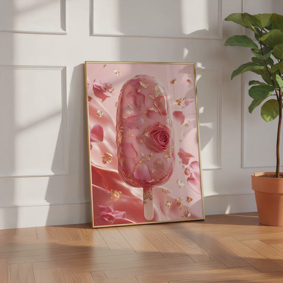 Videoansicht des gerahmten Posters mit einem rosafarbenen Eis am Stiel mit Rosenblüten und Blattgold.