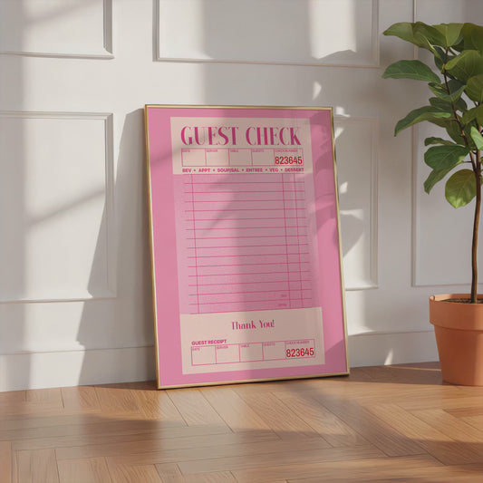 Guest Check Poster · Pink Vintage Receipt Design · Minimal Typographic Wall Art · Restaurant Aesthetic Print · Moderne Wandkunst · Print ohne Rahmen