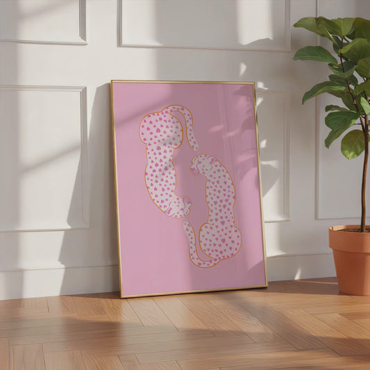 Katzen Paar Poster · Herz Muster · Liebe Illustration · Rosa Ästhetik · Animal Design · Modern · Print ohne Rahmen