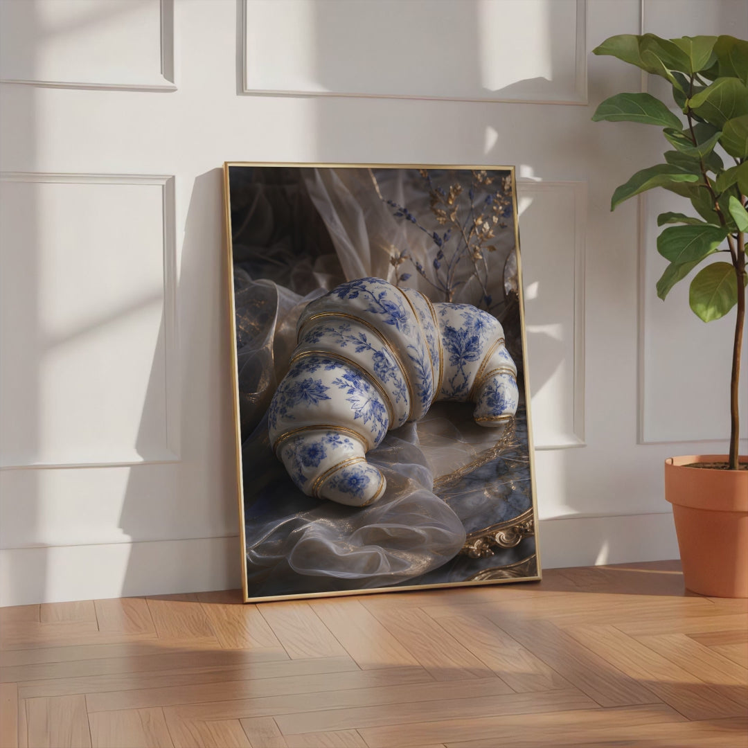 Videoansicht des gerahmten Posters mit einem weiß-blauen Croissant in Porzellanoptik mit goldenen Verzierungen.