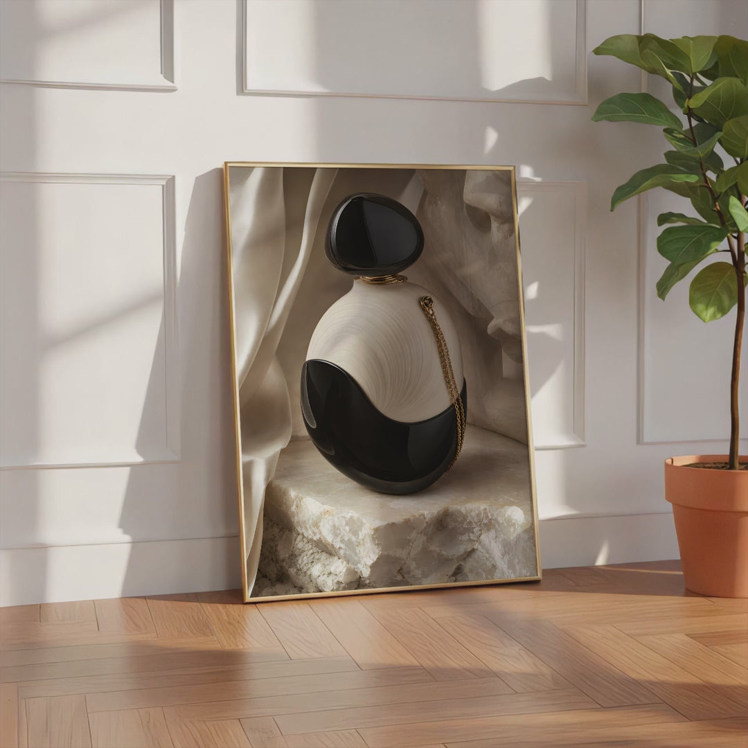 Videoansicht des gerahmten Posters mit einem schwarz-weißen Parfumflakon mit einer goldenen Kette auf hellem Stein.