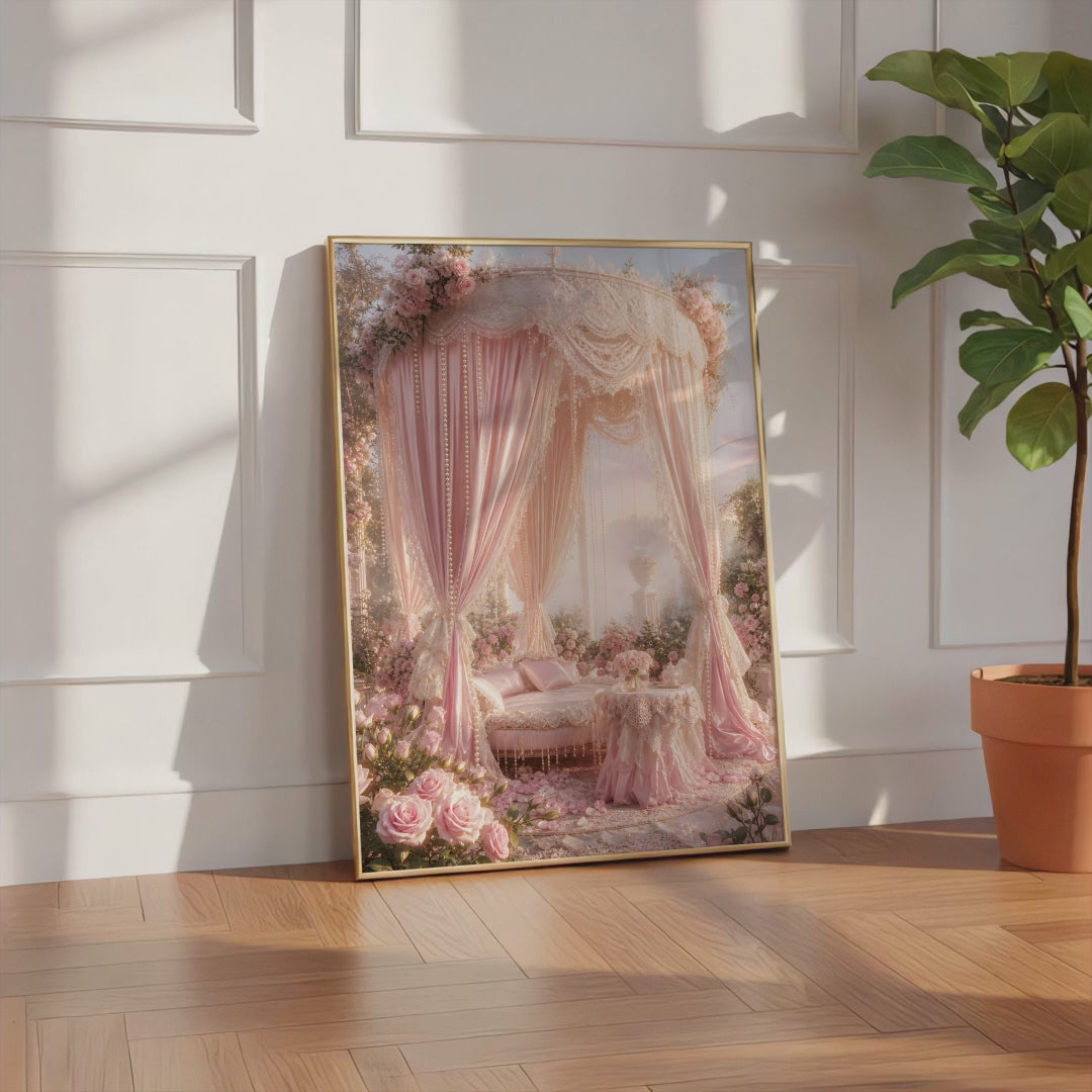 Videoansicht des gerahmten Posters mit einem rosafarbenen Pavillon mit Satinvorhängen, Perlen und Rosen.