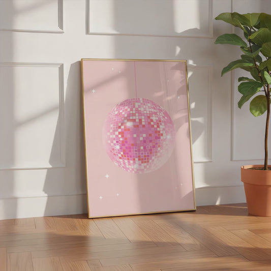 Disco Kugel Poster · Pink Disco Ball · Retro Party Ästhetik · Glitzer Spiegelball Design · Vintage 70s Stil · Print ohne Rahmen