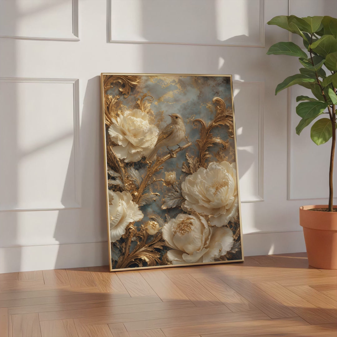 Videoansicht des gerahmten Posters mit einem cremefarbenen Vogel zwischen weißen Blüten und goldenen Ranken.