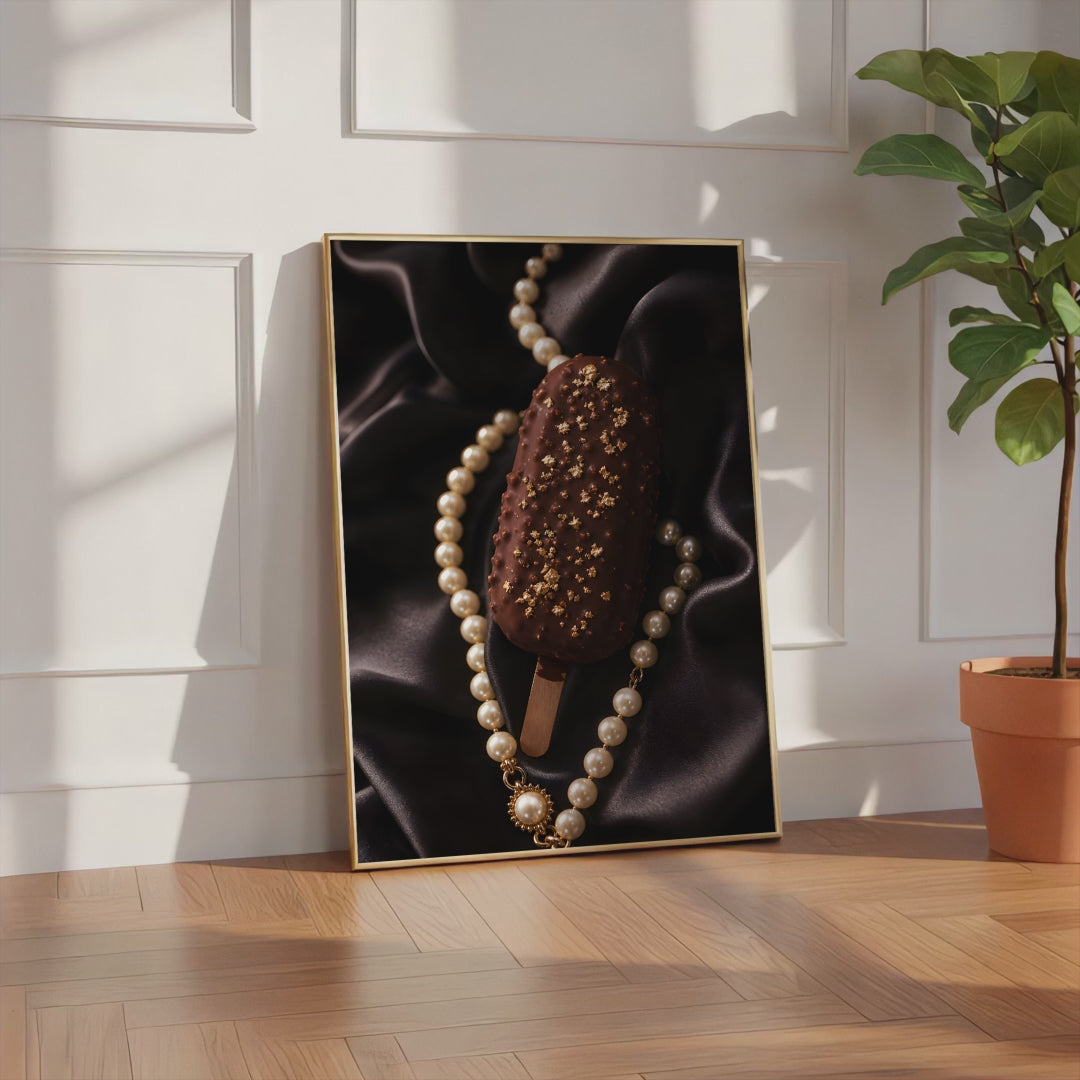 Videoansicht des gerahmten Posters mit einem Schokoladeneis am Stiel mit Blattgold auf schwarzem Satin neben einer Perlenkette.