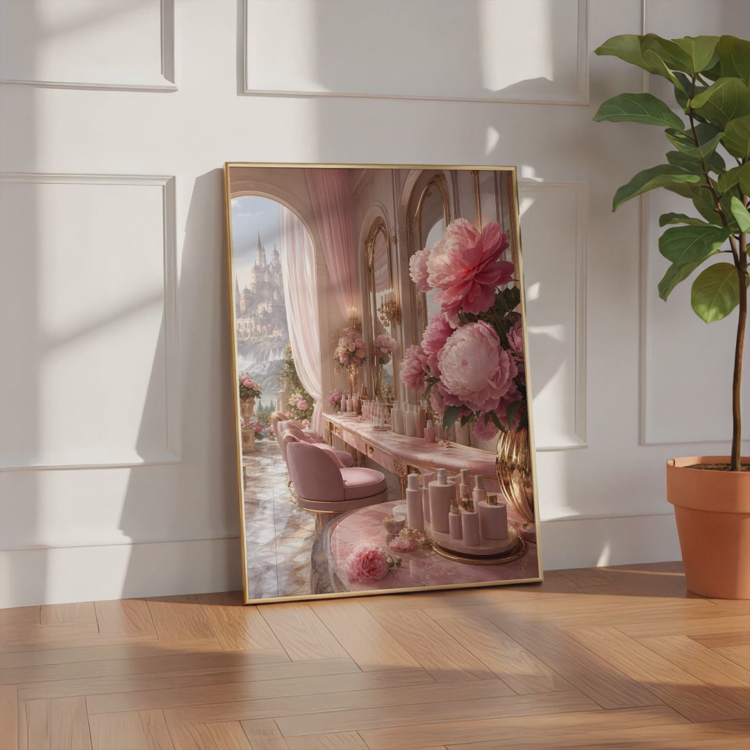 Videoansicht des gerahmten Posters mit einem eleganten rosafarbenen Salon mit Parfumflakons und großen Pfingstrosen.