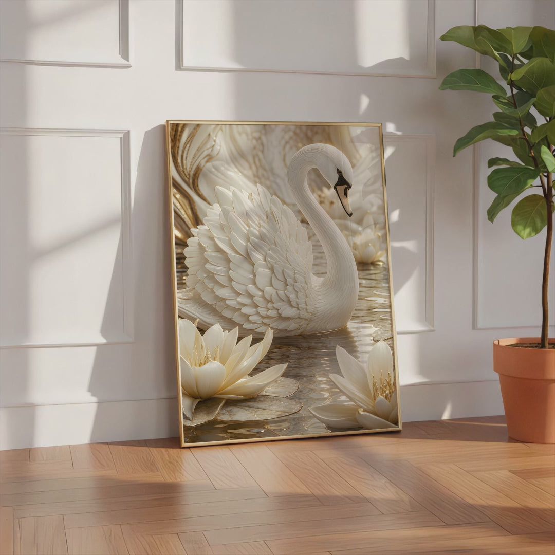 Videoansicht des gerahmten Posters mit einem weißen Schwan auf dem Wasser zwischen weißen Seerosen.