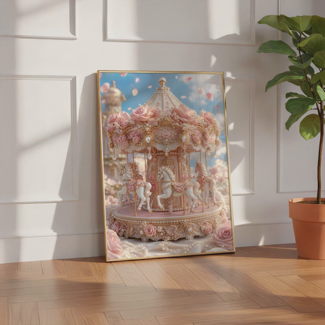 Videoansicht des gerahmten Posters mit einem rosafarbenen Karussell mit Rosen, Perlen und goldenen Verzierungen.