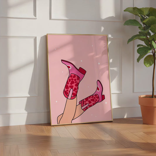 Pink Cowboy Boots Poster · Cowgirl Aesthetic Illustration · Trendy Western Wall Art · Cute Fashion Boots Design · Modern Pop Art · Print ohne Rahmen