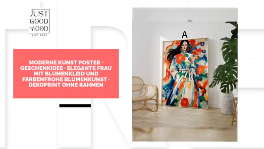 Moderne Kunst Poster &middot; Geschenkidee &middot; Elegante Frau mit Blumenkleid und Farbenfrohe Blumenkunst &middot; Dekoprint ohne Rahmen by@Outfy