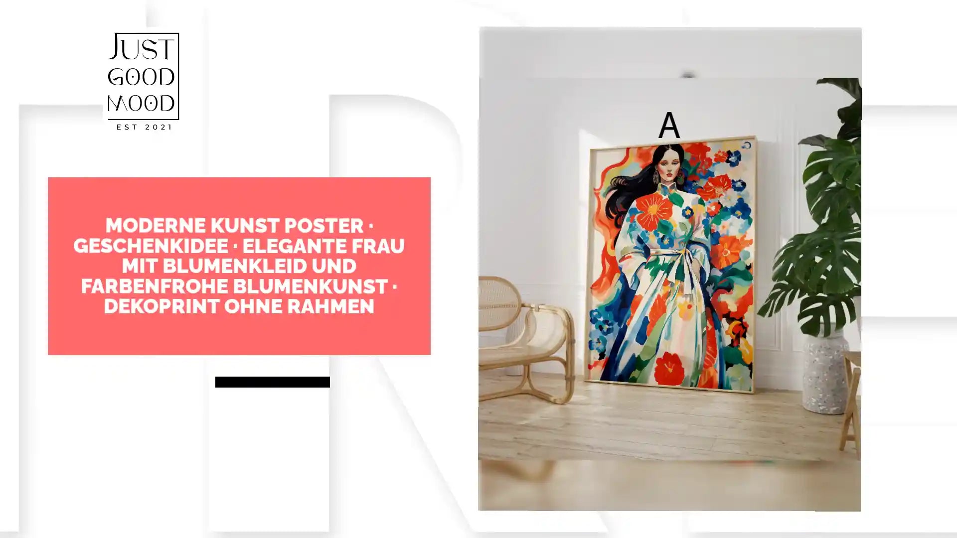 Moderne Kunst Poster &middot; Geschenkidee &middot; Elegante Frau mit Blumenkleid und Farbenfrohe Blumenkunst &middot; Dekoprint ohne Rahmen by@Outfy