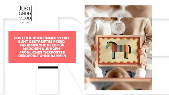 Poster Kinderzimmer Pferd · Bunt gestreiftes Pferd · Farbenfrohe Deko für Mädchen & Jungen · Fröhliches Tierposter Dekoprint ohne Rahmen
