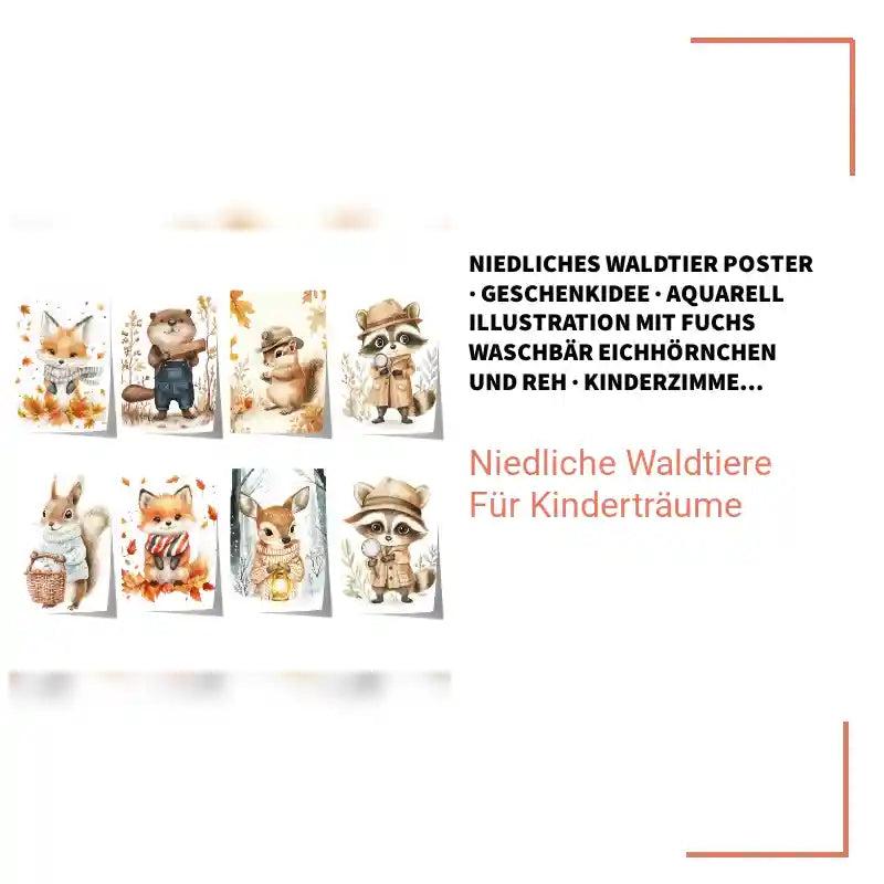 Niedliches Waldtier Poster &middot; Geschenkidee &middot; Aquarell Illustration mit Fuchs Waschb&auml;r Eichh&ouml;rnchen und Reh &middot; Kinderzimmer Wanddeko &middot; Print ohne Rahmen by@Outfy