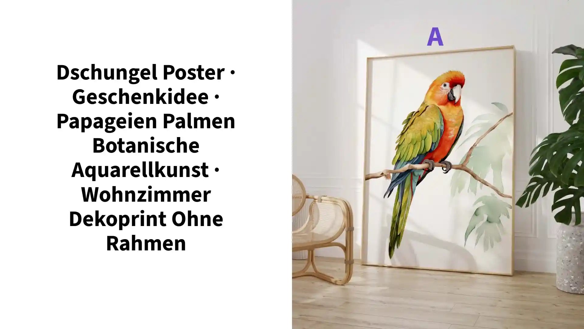 Dschungel Poster &middot; Geschenkidee &middot; Papageien Palmen Botanische Aquarellkunst &middot; Wohnzimmer Dekoprint ohne Rahmen by@Outfy