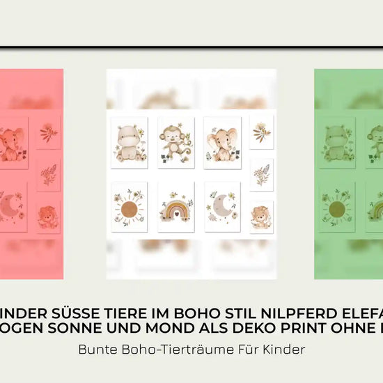Poster Kinder s&uuml;&szlig;e Tiere im Boho Stil Nilpferd Elefant L&ouml;we Regenbogen Sonne und Mond als Deko Print ohne Rahmen by@Outfy
