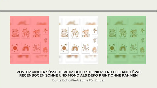 Poster Kinder süße Tiere im Boho Stil Nilpferd Elefant Löwe Regenbogen Sonne und Mond als Deko Print ohne Rahmen