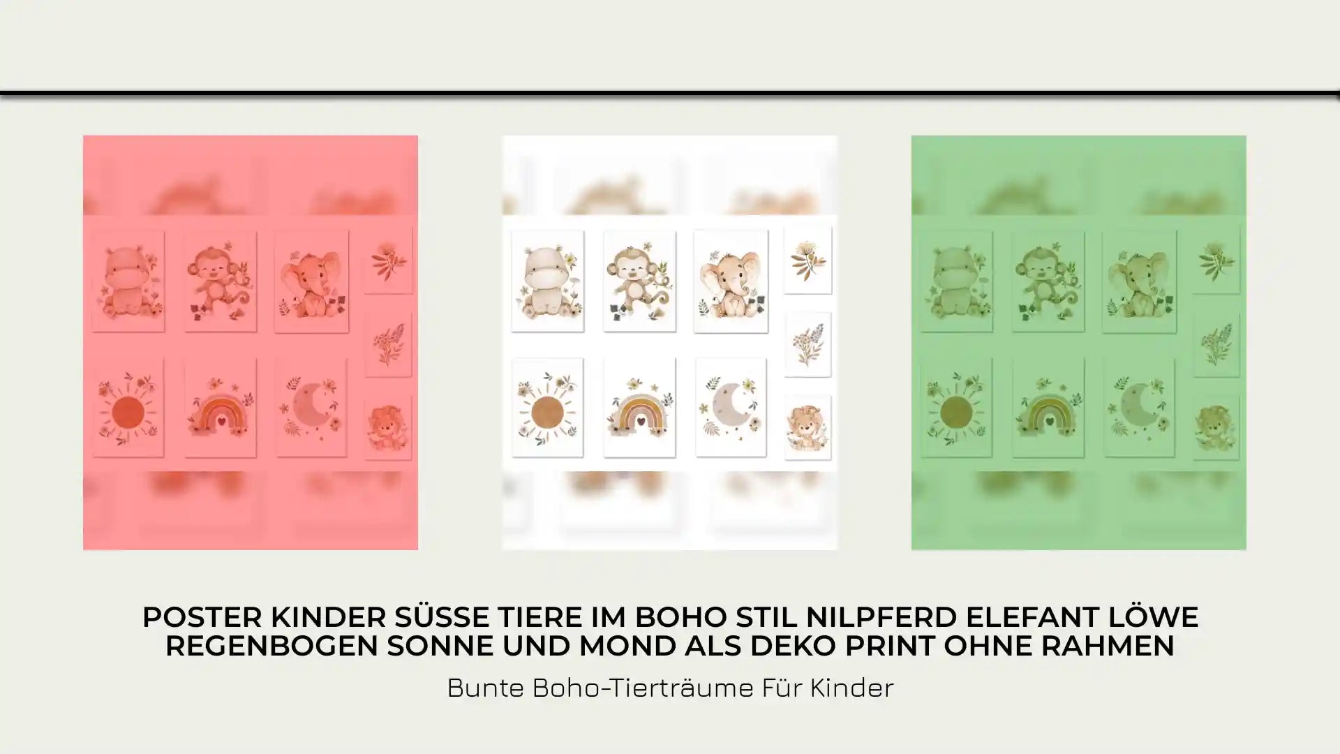 Poster Kinder s&uuml;&szlig;e Tiere im Boho Stil Nilpferd Elefant L&ouml;we Regenbogen Sonne und Mond als Deko Print ohne Rahmen by@Outfy