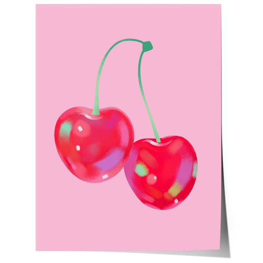 minimal red cherries illustration on pink background modern aesthetic fruit poster