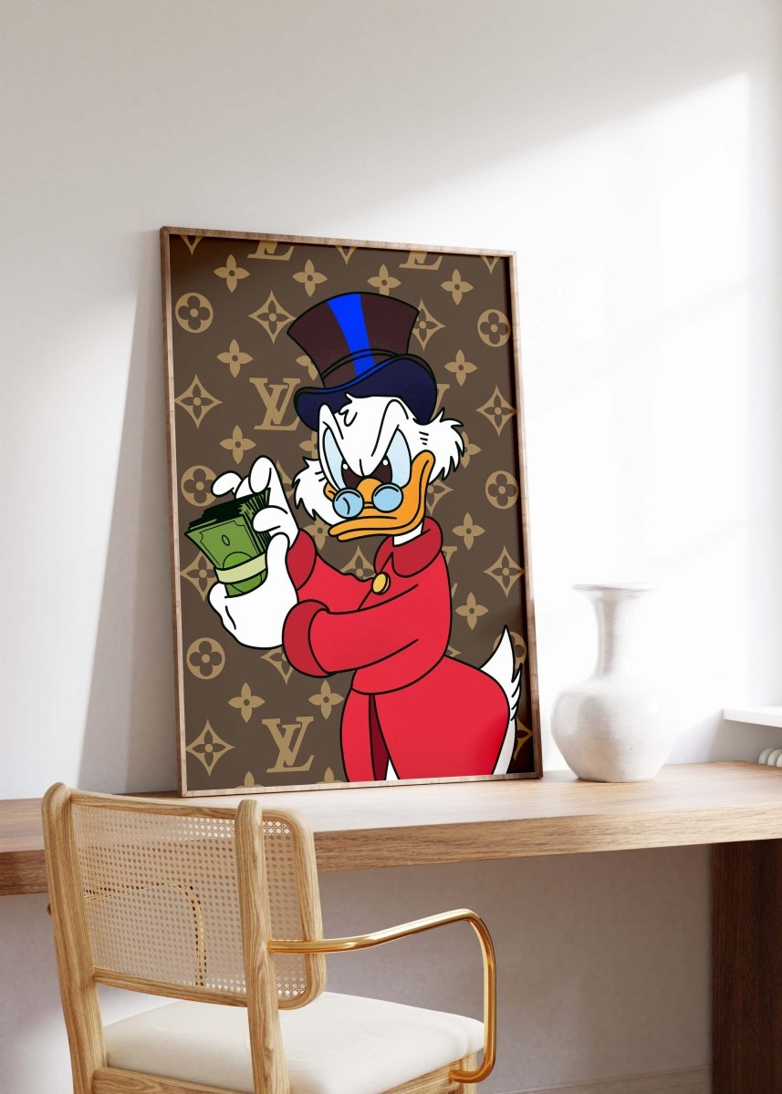 Reicher Cartoon Ente Charakter Poster · Luxus Geld Illustration · Pop Art Cartoon Stil · Print ohne Rahmen - justgoodmood