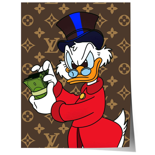 Reicher Cartoon Ente Charakter Poster · Luxus Geld Illustration · Pop Art Cartoon Stil · Print ohne Rahmen - justgoodmood