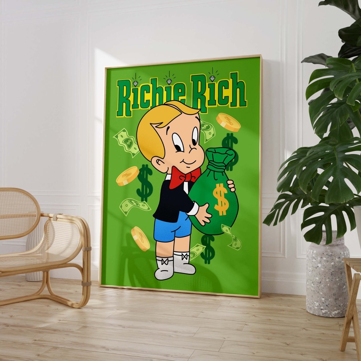 Richie Rich Cartoon Figur Poster · Geld & Dollar Illustration · Retro Pop Art Stil · Print ohne Rahmen - justgoodmood