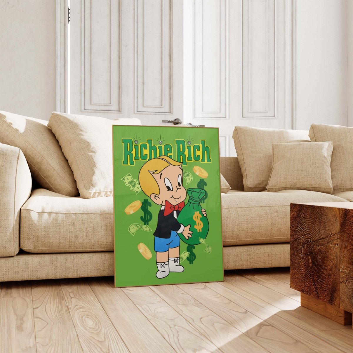 Richie Rich Cartoon Figur Poster · Geld & Dollar Illustration · Retro Pop Art Stil · Print ohne Rahmen - justgoodmood