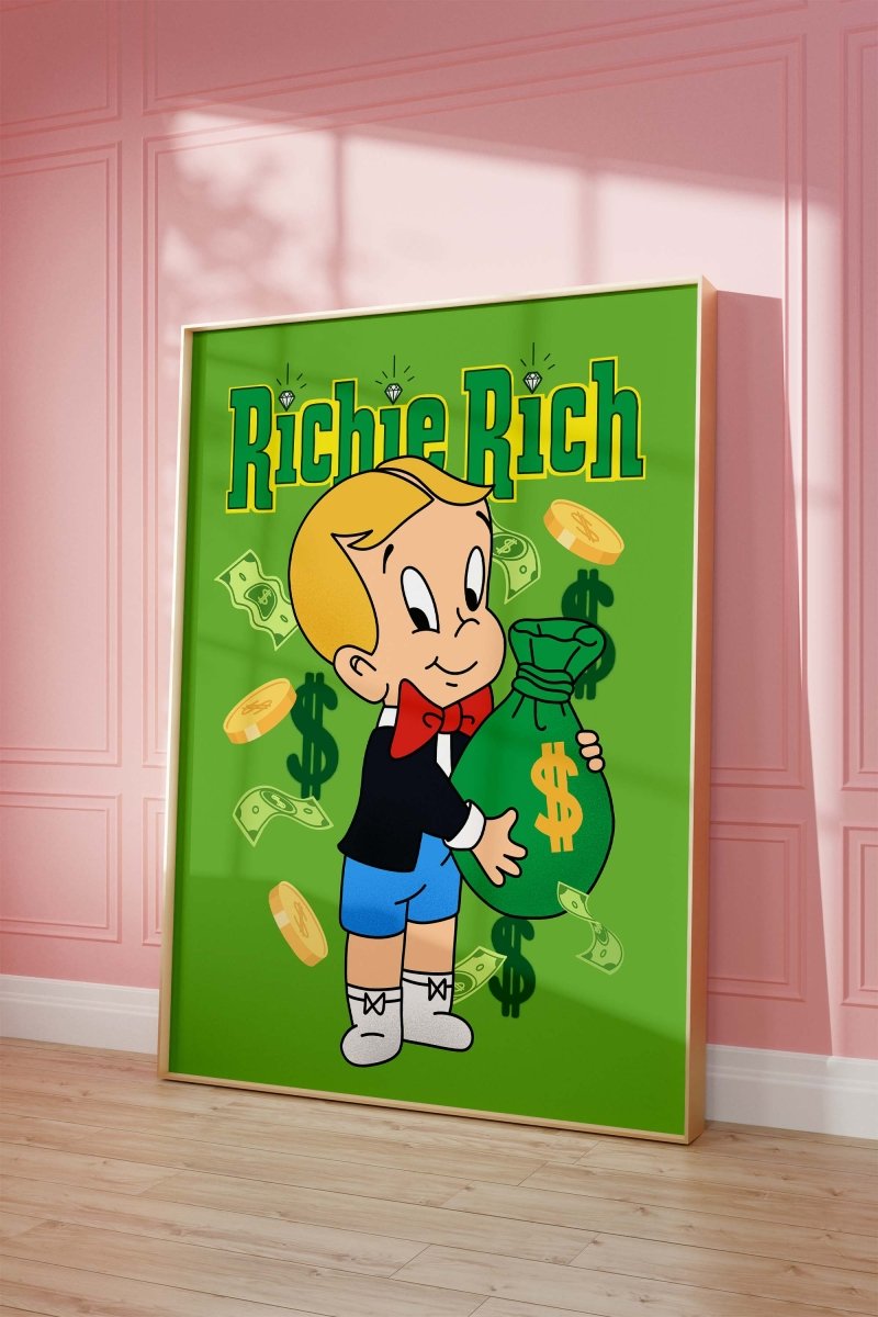 Richie Rich Cartoon Figur Poster · Geld & Dollar Illustration · Retro Pop Art Stil · Print ohne Rahmen - justgoodmood