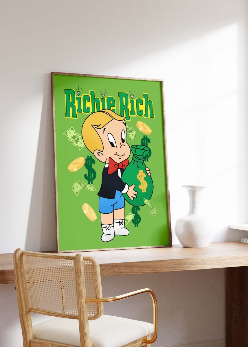 Richie Rich Cartoon Figur Poster · Geld & Dollar Illustration · Retro Pop Art Stil · Print ohne Rahmen - justgoodmood