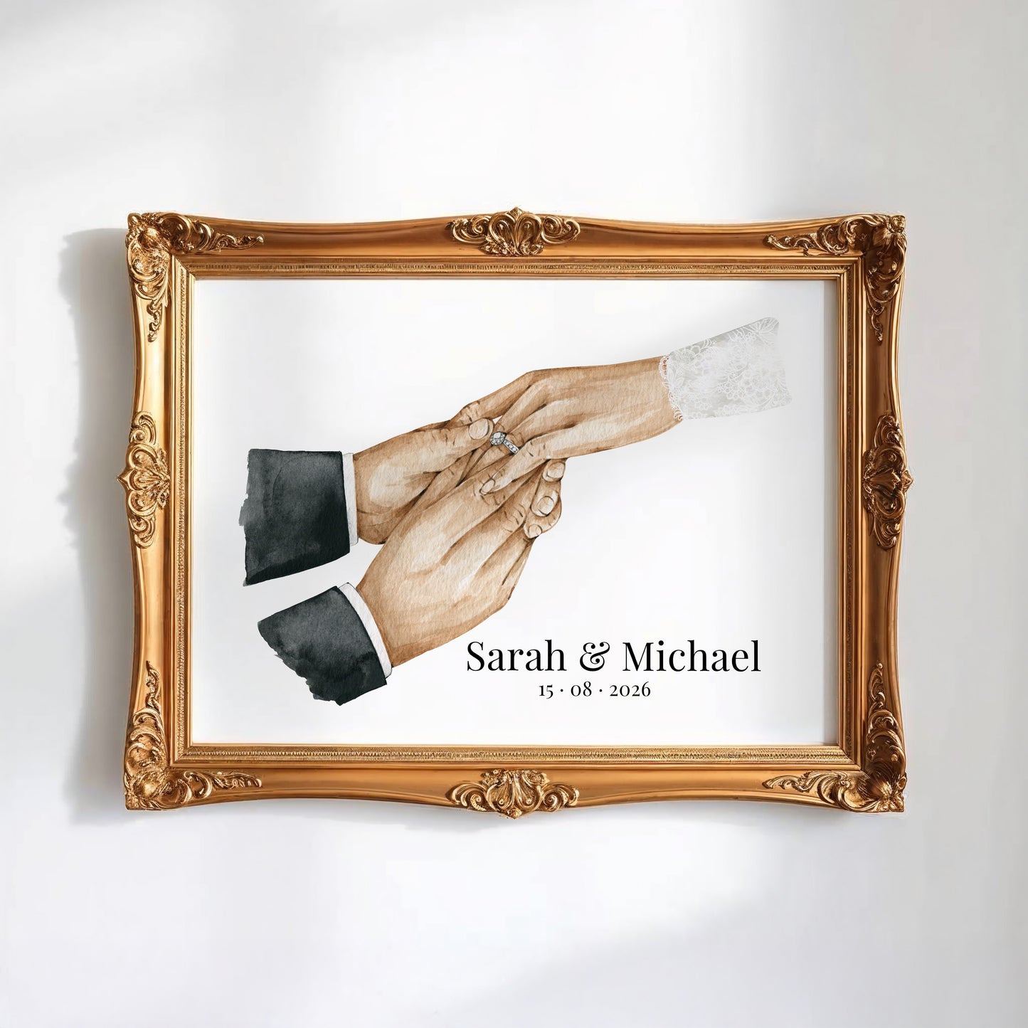 Hochzeit Hände Ring Austausch Poster · Geschenkidee · Personalisierte Namen Datum Paar Illustration · Print ohne Rahmen