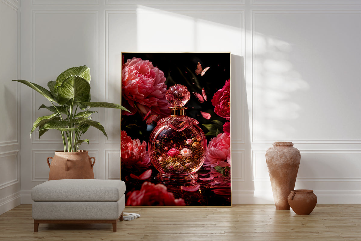 Motiv mit einem rosafarbenen Parfumflakon mit Blüten zwischen Pfingstrosen und Schmetterlingen, als gerahmtes Poster neben Sessel und Zimmerpflanze.