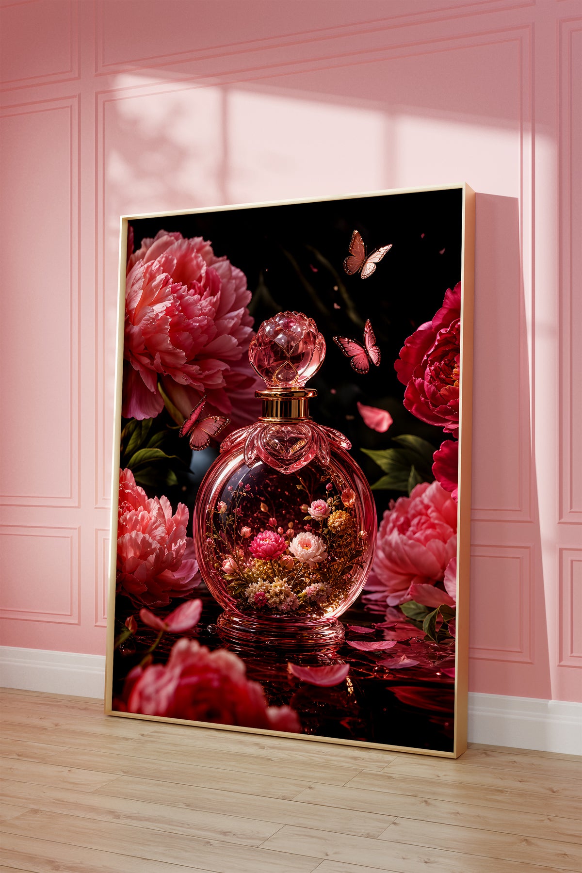 Motiv mit einem rosafarbenen Parfumflakon mit Blüten zwischen Pfingstrosen und Schmetterlingen, als gerahmtes Poster vor einer rosafarbenen Wand.