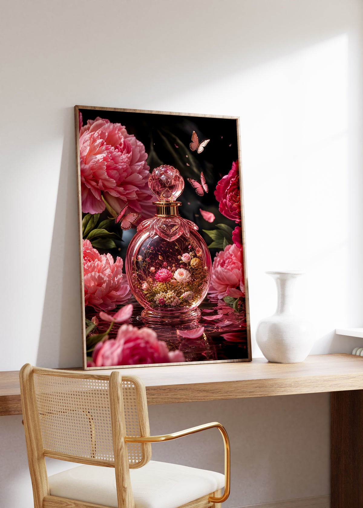 Gerahmtes Poster mit einem rosafarbenen Parfumflakon mit Blüten zwischen Pfingstrosen und Schmetterlingen, auf einem Holztisch neben einer weißen Vase.