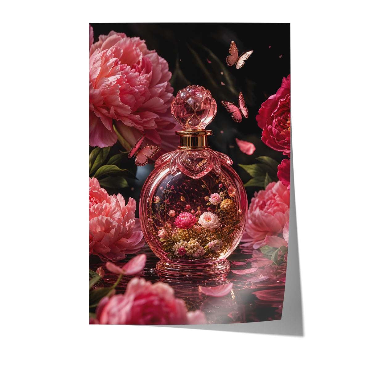 Poster mit einem rosafarbenen Parfumflakon mit Blüten zwischen Pfingstrosen und Schmetterlingen auf weißem Hintergrund.