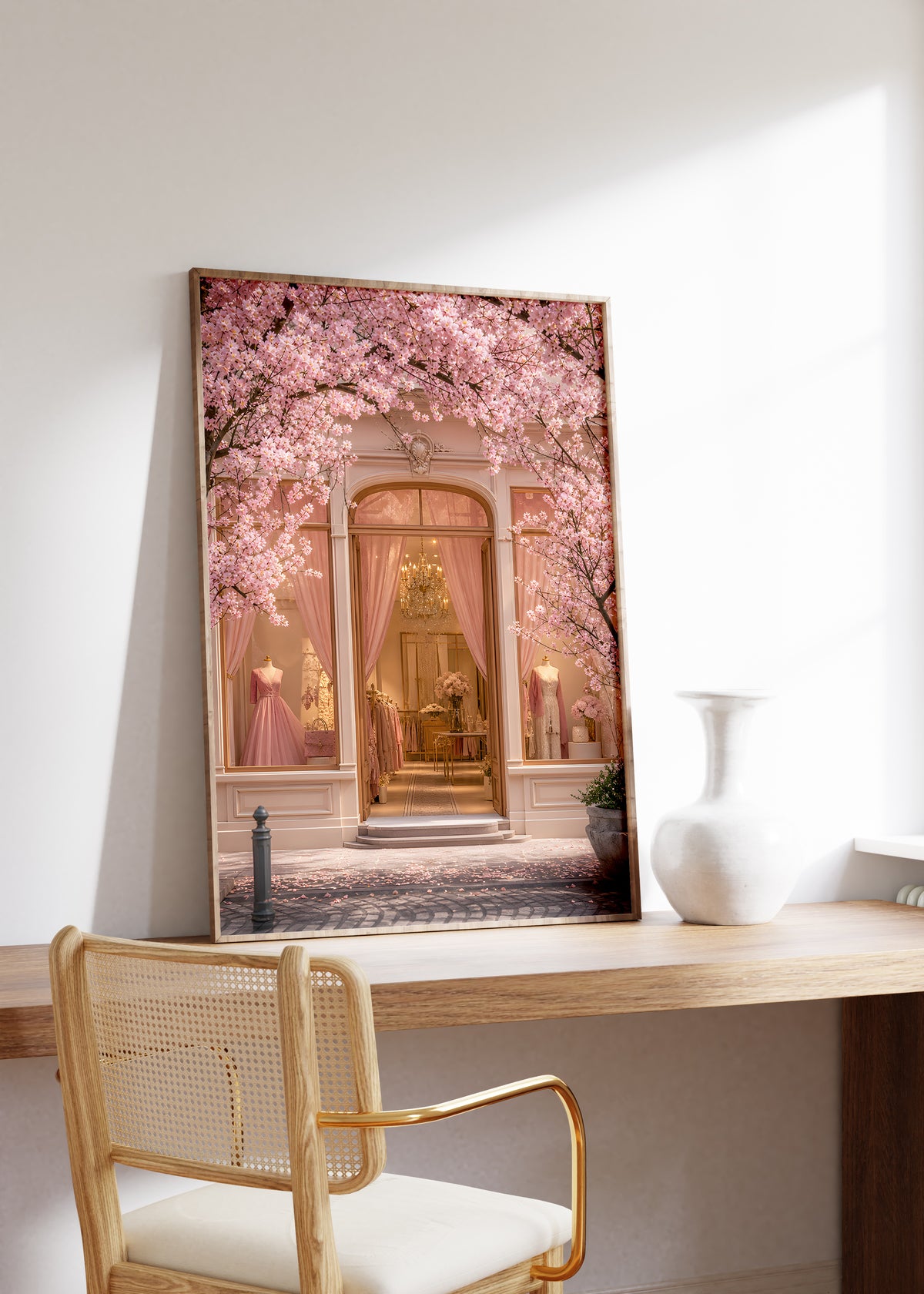 Gerahmtes Poster mit einer rosafarbenen Boutique unter blühenden Kirschzweigen, auf einem Holztisch neben einer weißen Vase.