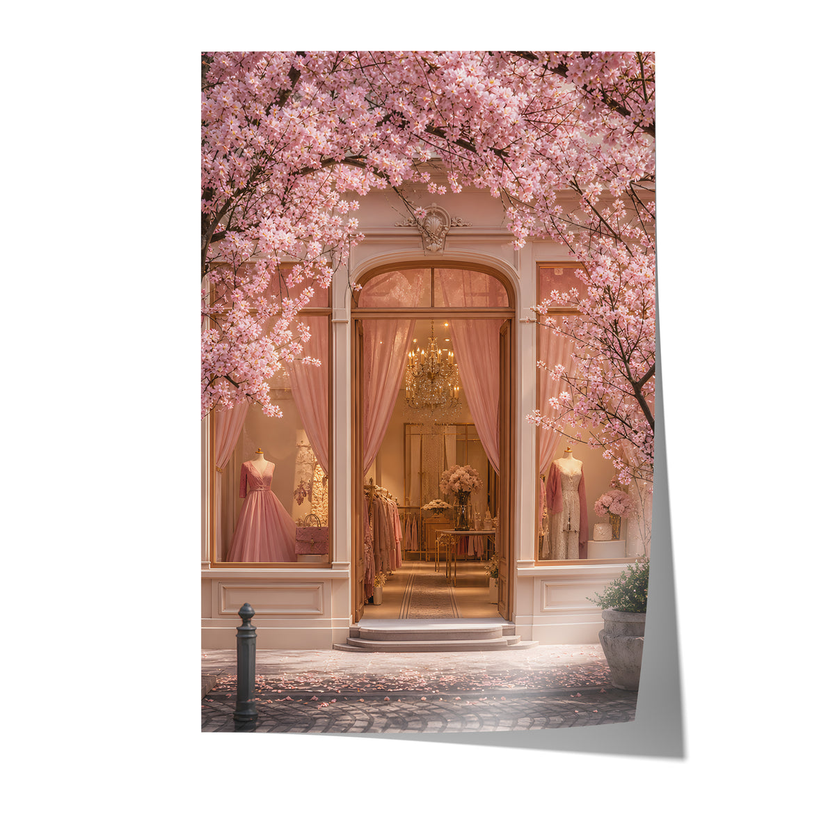 Poster mit einer rosafarbenen Boutique unter blühenden Kirschzweigen auf weißem Hintergrund.