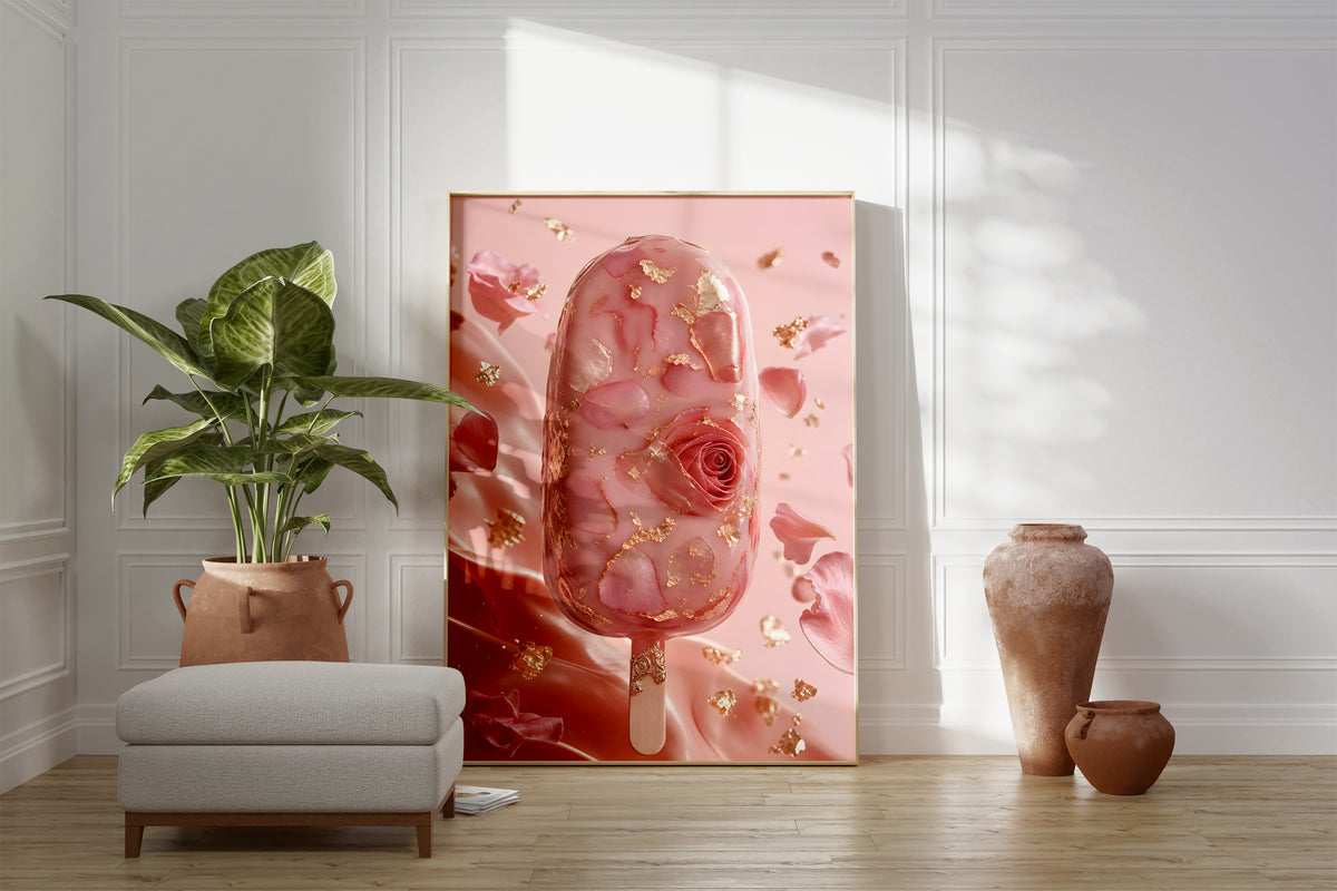 Motiv mit einem rosafarbenen Eis am Stiel mit Rosenblüten und Blattgold, als gerahmtes Poster neben Sessel und Zimmerpflanze.