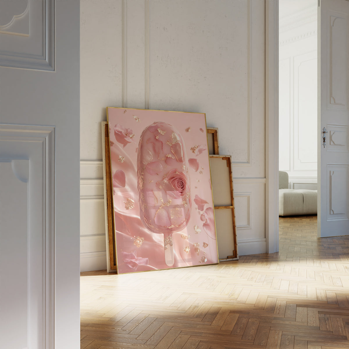 Motiv mit einem rosafarbenen Eis am Stiel mit Rosenblüten und Blattgold, als an die Wand gelehntes Poster neben leeren Rahmen.