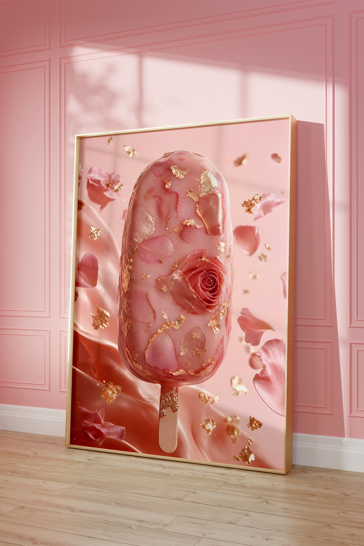 Motiv mit einem rosafarbenen Eis am Stiel mit Rosenblüten und Blattgold, als gerahmtes Poster vor einer rosafarbenen Wand.