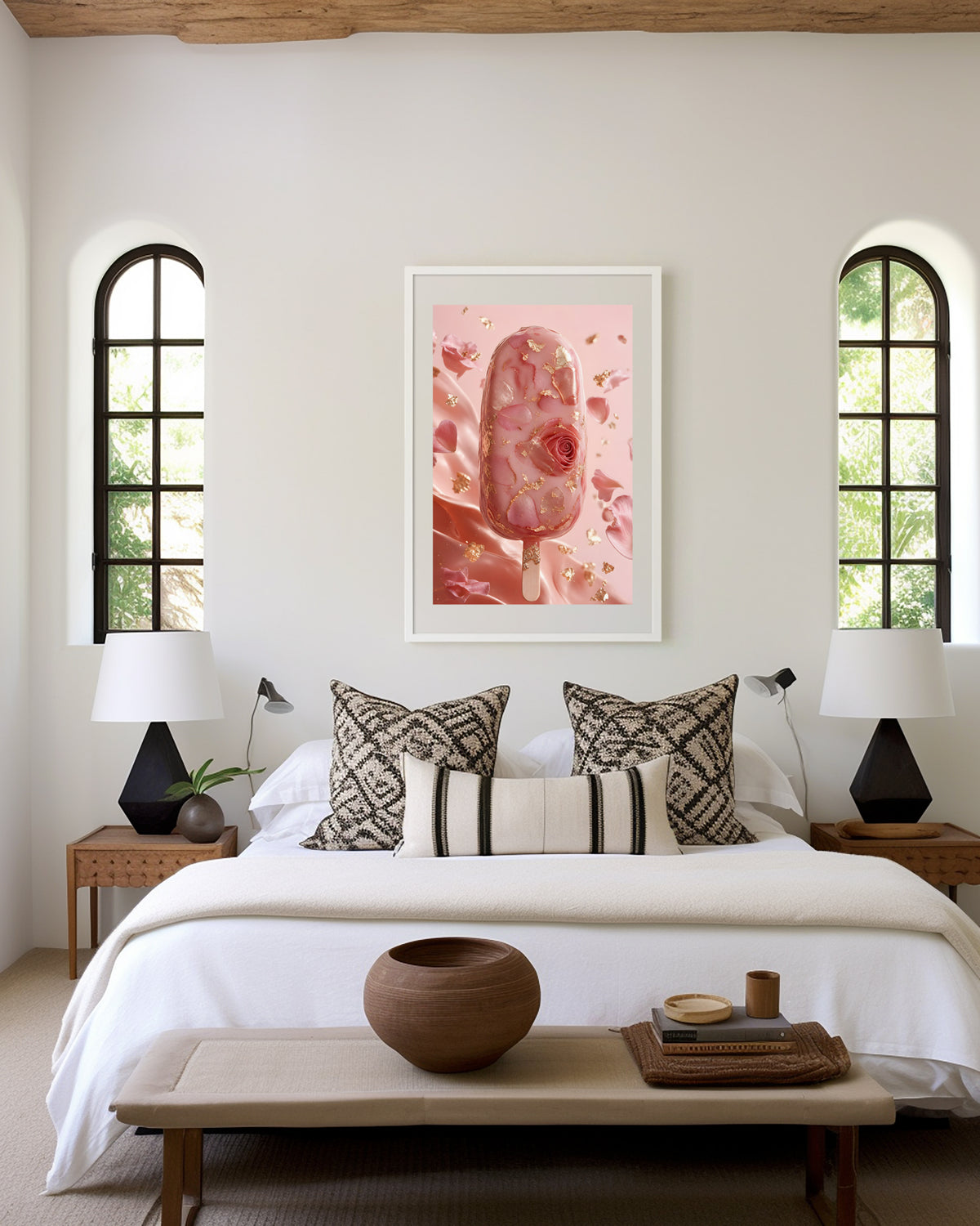 Motiv mit einem rosafarbenen Eis am Stiel mit Rosenblüten und Blattgold, als gerahmtes Poster in den Händen einer Frau.