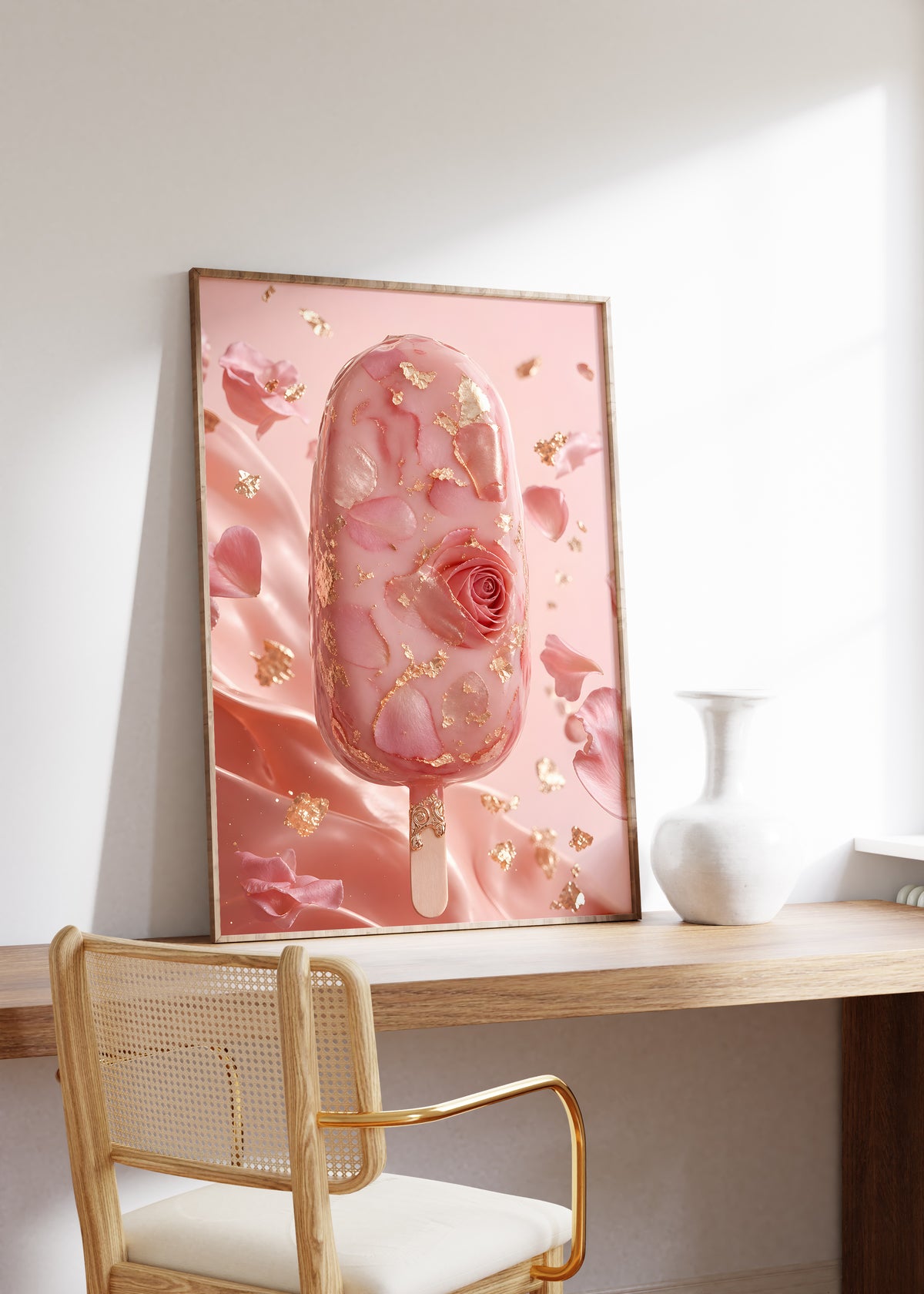 Gerahmtes Poster mit einem rosafarbenen Eis am Stiel mit Rosenblüten und Blattgold, auf einem Holztisch neben einer weißen Vase.