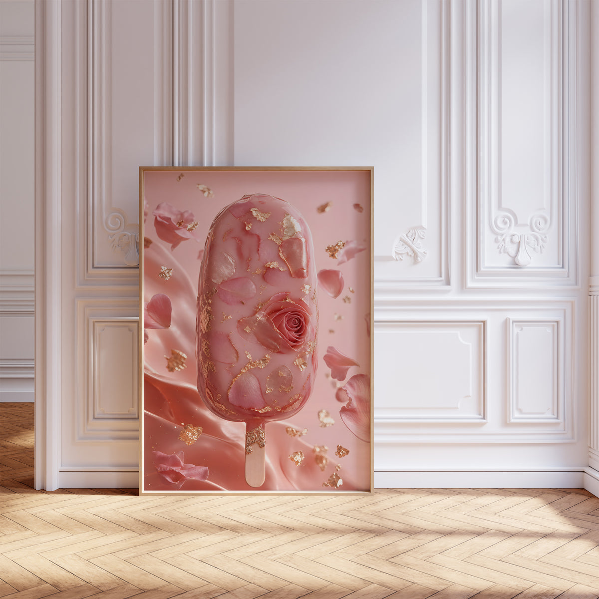 Gerahmtes Poster mit einem rosafarbenen Eis am Stiel mit Rosenblüten und Blattgold, vor einer weißen Wand mit Zierleisten.