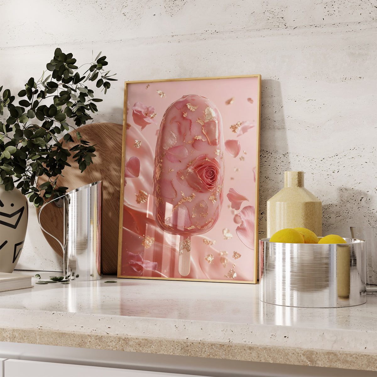 Gerahmtes Poster mit einem rosafarbenen Eis am Stiel mit Rosenblüten und Blattgold, auf einer Küchenarbeitsplatte neben Pflanzen und Zitronen.