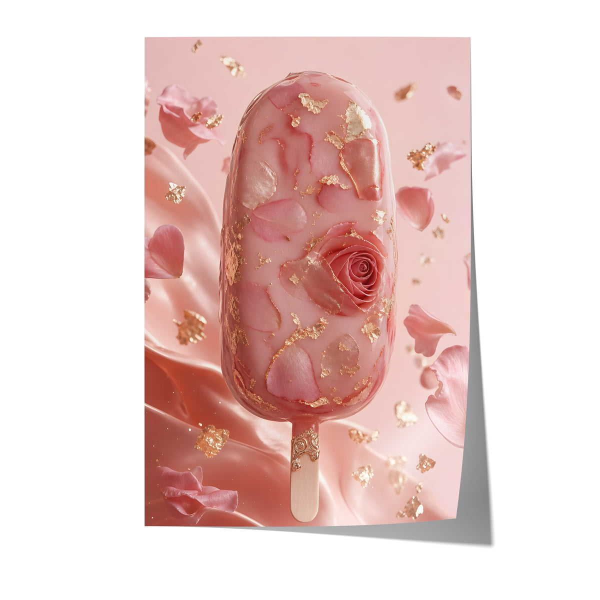 Poster mit einem rosafarbenen Eis am Stiel mit Rosenblüten und Blattgold auf weißem Hintergrund.