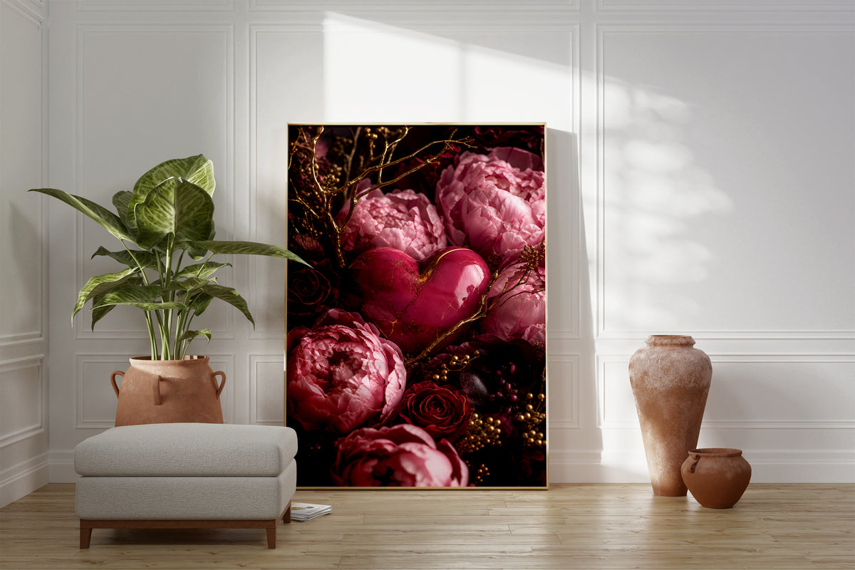 Motiv mit einem rosafarbenen Herz zwischen pinken Pfingstrosen, dunklen Rosen und goldenen Zweigen, als gerahmtes Poster neben Sessel und Zimmerpflanze.